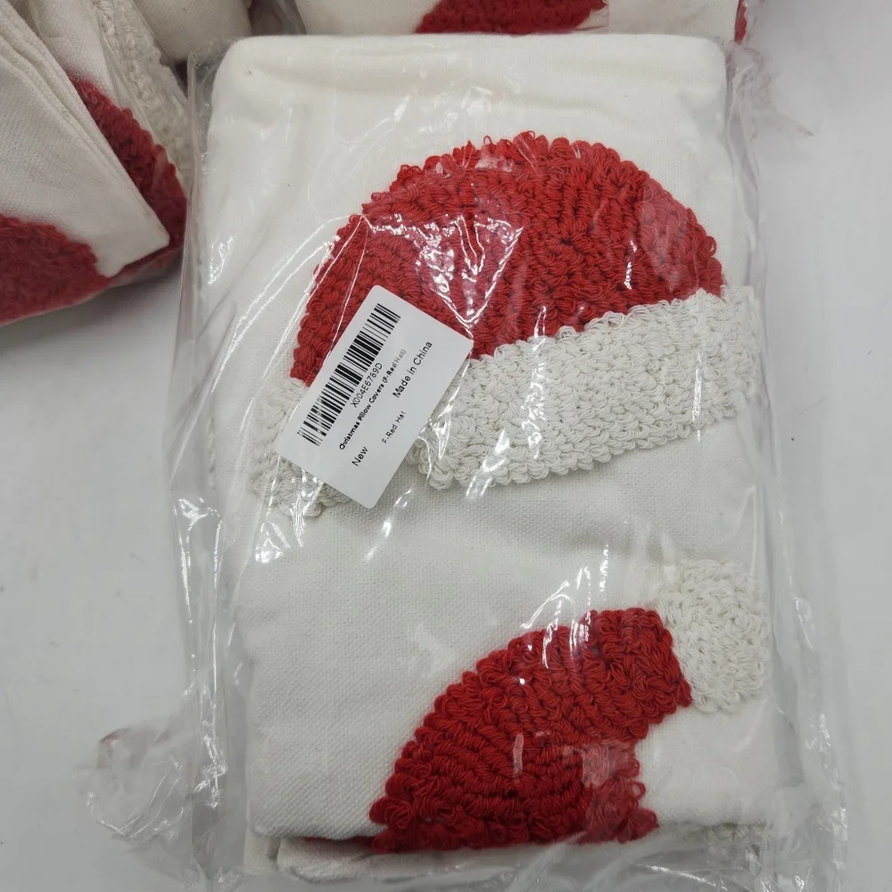 Set of 2 Tufted Santa Hat Pillow Covers Punch Needle Christmas Decor White & Red